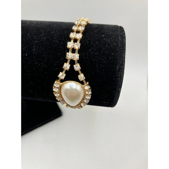 Art Deco Faux Pearl Rhinestone Tennis 9" Bracelet Vintage! - Picture 3 of 7